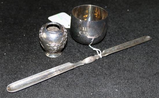 Japanese embossed silver miniature vase (a.f), Mappin & Webb silver double-ended marrow scoop and a small bowl